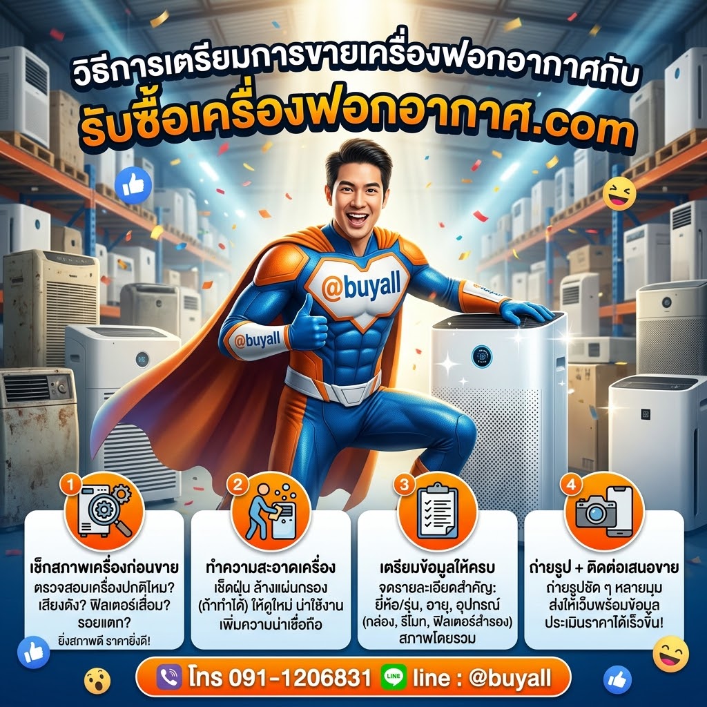 ภาพแนะนำวิธีการเตรียมการขายเครื่องฟอกอากาศ ตั้งแต่เช็กสภาพ ทำความสะอาด เตรียมข้อมูล และถ่ายรูปส่งเสนอขาย